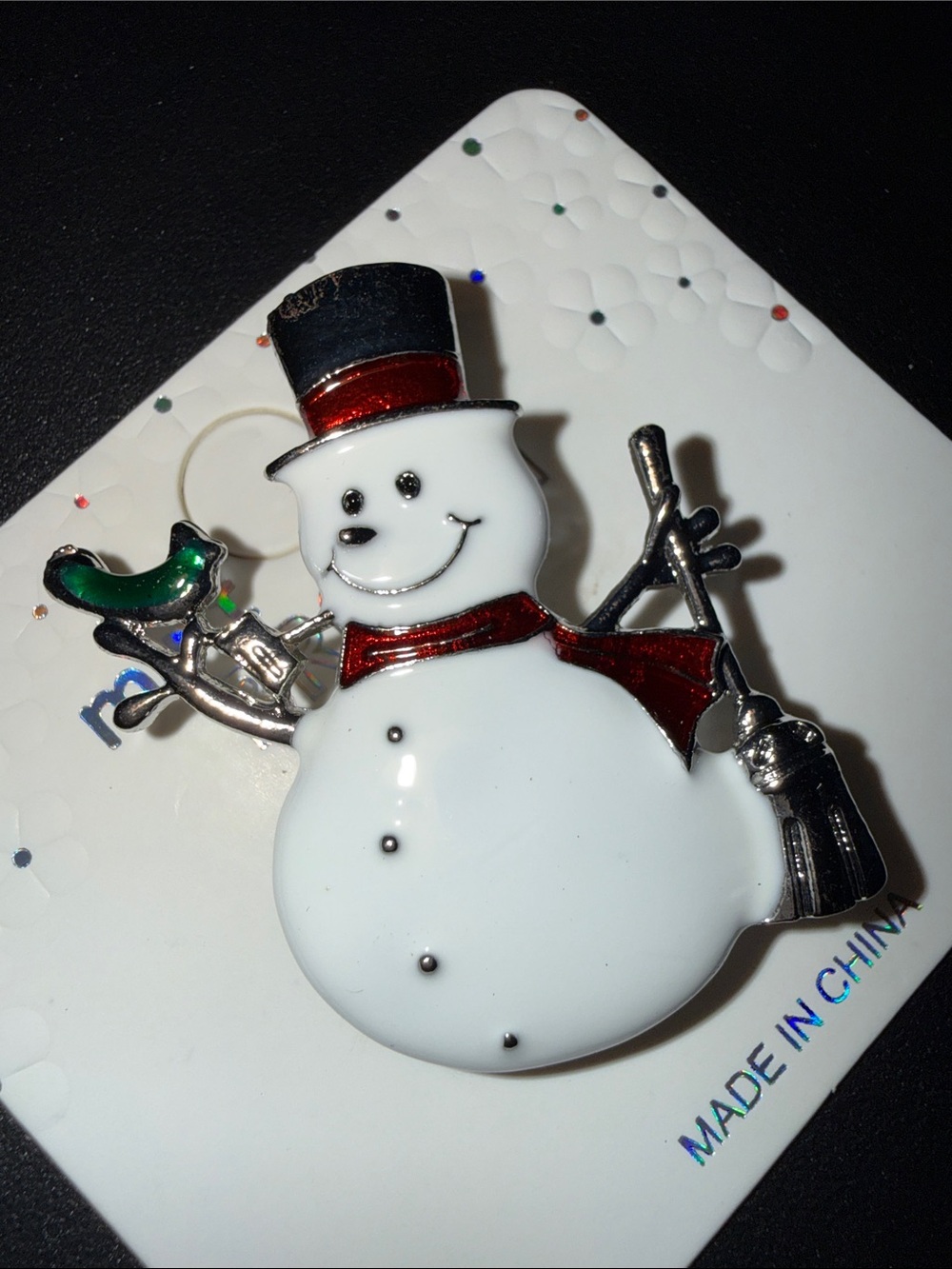 Mint Festive Snowman Brooch in White, Red, Green, and Black